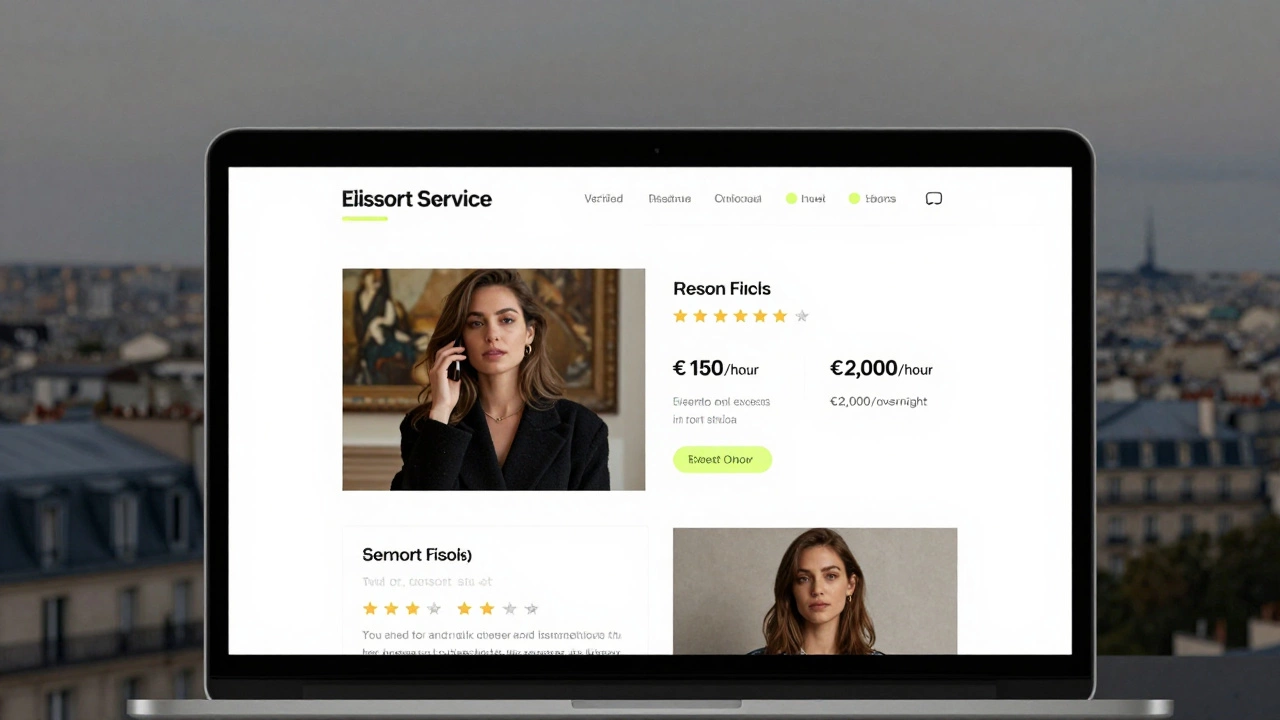 A laptop displaying a verified escort profile with reviews and pricing in a Paris setting.